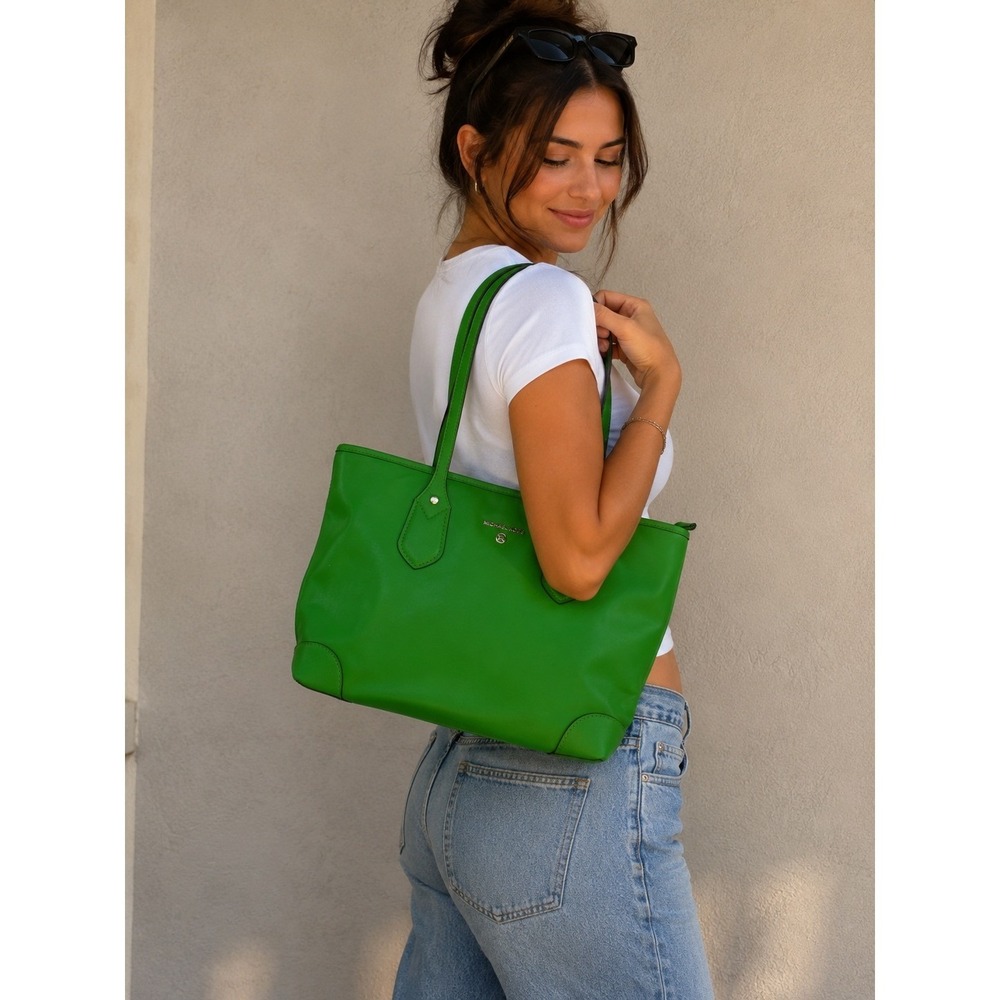 Michael Kors Womens Tote Bag Green Nylon Silver Hardware Shoulder Handbag Large